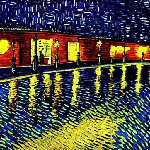 Prompt: light pole at night. nostalgic. bike. empty road. van gogh style. dark colors. high contarst light