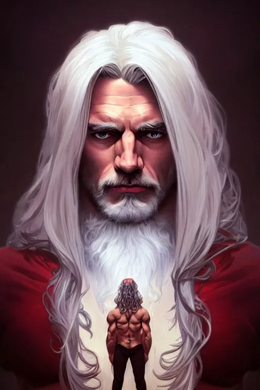 Image similar to a handsome man with long white hair, red eyes, muscular, superpowers, fantasy, portrait, sharp focus, intricate, elegant, digital painting, artstation, matte, highly detailed, concept art, illustration, ambient lighting, art by ilya kuvshinov, artgerm, Alphonse mucha, and Greg Rutkowski