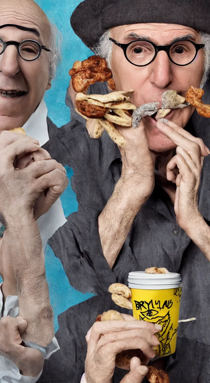 Image similar to larry david eating a bagel. style of a basquiat painting. hyper - realistic, 8 k, hd