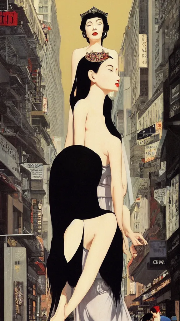 Image similar to a tall and beautiful pale woman with very black hair with a crown on her head walk in the streets of new york circa 1 9 8 4 edward hopper and james gilleard, surreal, open ceiling, highly detailed, airbrush, ilya kuvshinov, wlop, stanley artgerm, very coherent, art by takato yamamoto and james jean