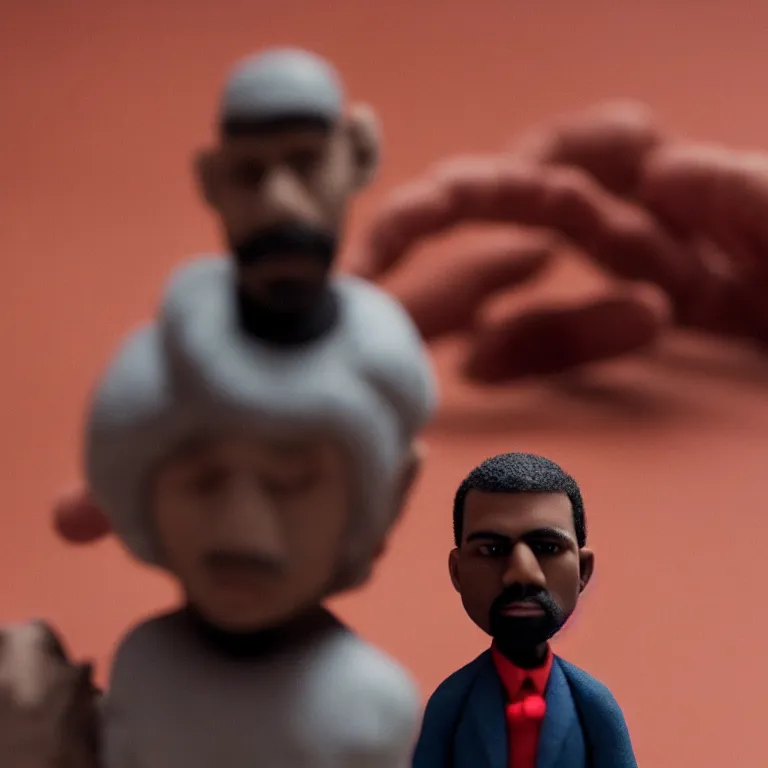Prompt: a cinematic film still of a claymation stop motion film starring kanye west, portrait, shallow depth of field, 8 0 mm, f 1. 8