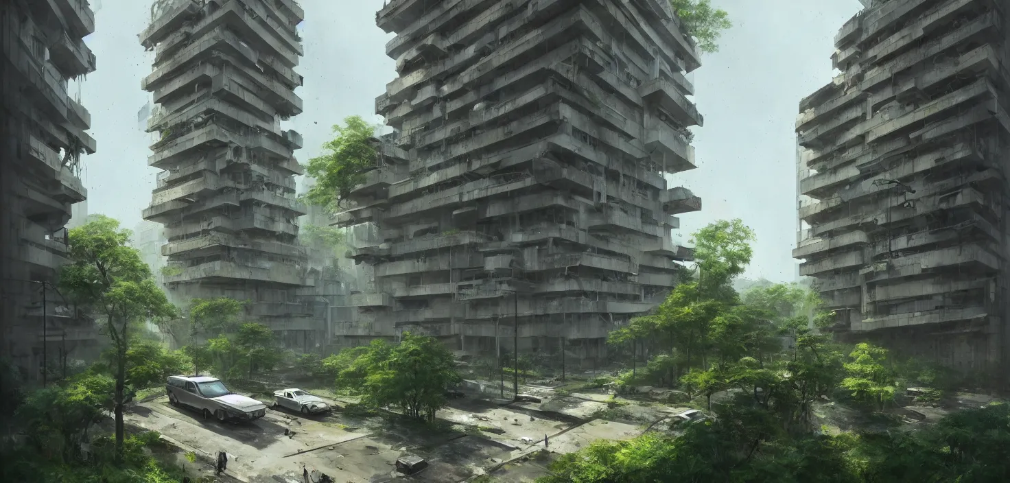 Image similar to brutalist architecture by Le Corbusier, abandoned buildings, empty streetscapes, surrounded by lush green vegetation, ground-level view, volumetric lighting, digital painting, highly detailed, artstation, sharp focus, illustration, concept art, ruan jia, steve mccurry, amazing composition