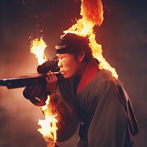 Image similar to cinematic film still NLE Choppa starring as a Samurai holding fire, Japanese CGI, VFX, 2003, 400mm lens, f1.8, shallow depth of field, film photography