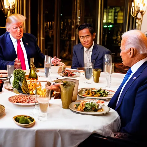 Image similar to Trump and Biden having dinner at a fancy Balinese restaurant, award winning photography, 85mm, perfect faces