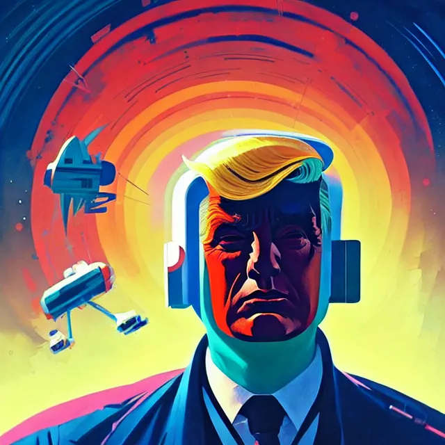 Prompt: a beautiful painting of a 7 0 s sci - fi trump by sachin teng and pascal blanche and john harris and greg rutkowski. in style of futurism art. ( ( colorful comic ) ), film noirs, brush stroke, vibrating colors, hyper detailed. 4 k texture. octane render. trending on artstation