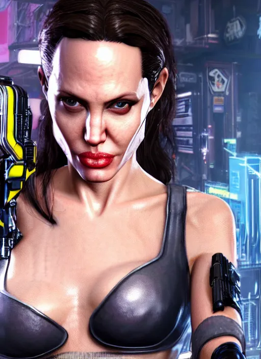 Prompt: film still of Angelina Jolie as Johnny Silverhand in Cyberpunk 2077, gameplay, 8k, HD