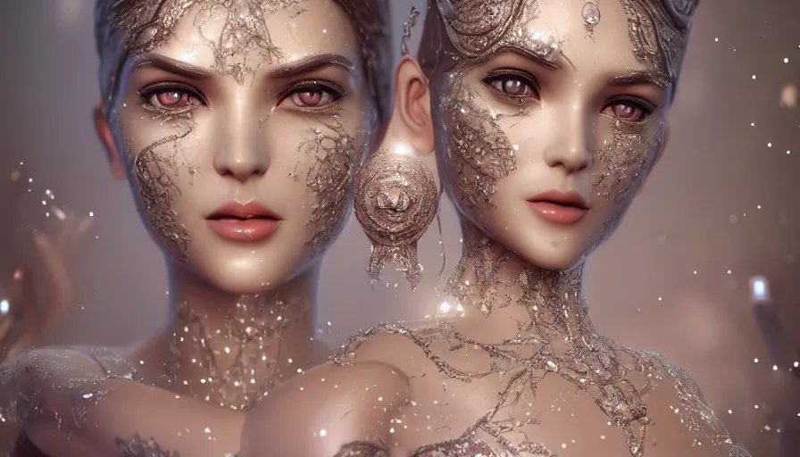 Image similar to full body detailed, ethereal, biomechanical, covered in diamonds and other gems glowing, highly detailed face, elegant posed, intricate, extremy detailed, beeple, cgsociety, 3 d unreal engine octane render. cinematic lighting, highly detailed 4 k art