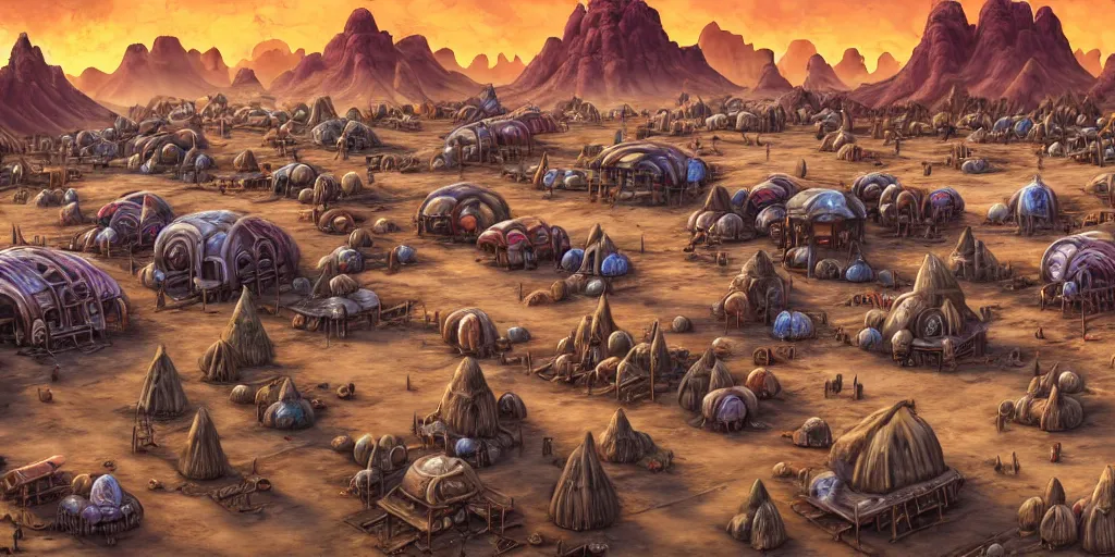 Prompt: colored merchant tents at a sprawling temple city of rusty chrome, white salt desert dunes, matte oil painting, mushroom farms, fungal polyps, retrofuturistic, science fantasy, mutant, lgbt, queer, rpg, epic, badlands, slime, dungeons & dragons, sacred, sharp focus, award - winning, extremely detailed, 4 k, 8 k