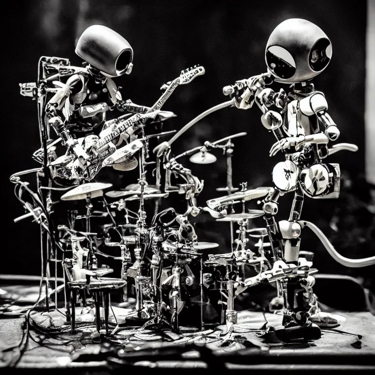 Image similar to a beautiful electronic concert photo shot of a couple of threea toys figurines by ashley wood, world war one robot octopus playing drums and fender telecaster guitar, black background, concert light, dark mood