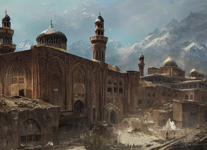 Prompt: Abandoned Jamia Masjid downtown Srinagar in mountains of Kashmir, a fantasy digital painting by Greg Rutkowski and James Gurney, trending on Artstation, highly detailed