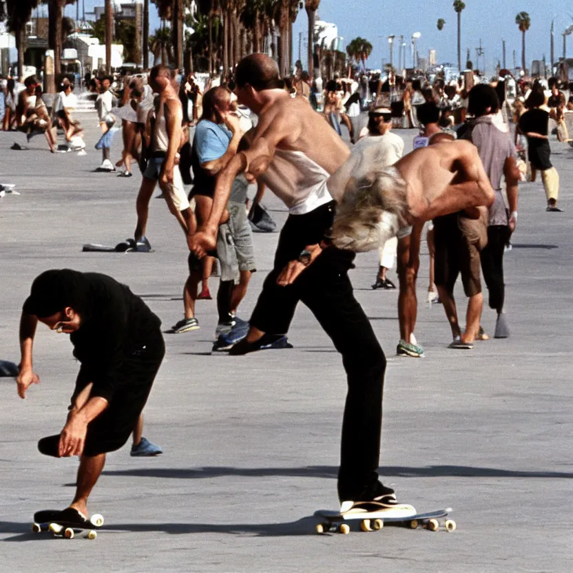 Prompt: Michel Foucault skateboarding at Venice Beach, 1980 street photography color
