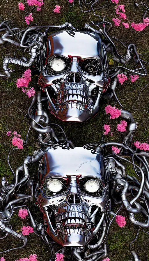 Image similar to destroyed terminator lying in a field of flowers, twisted metal, chrome, reflections, anthropomorphic, photorealism, smoke, metal, 8 k, surreal, wires, smooth, sharp focus, top view, extremely detailed, hyperrealism, elegant, establishing shot, by jeff koons, artgerm and greg rutkowski