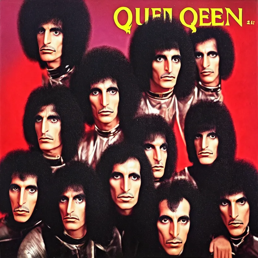 Prompt: queen II album cover, alien faces