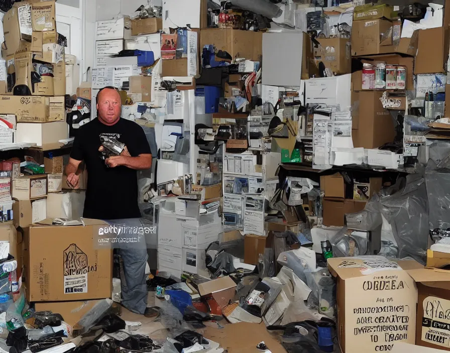 Image similar to Alex Jones inventing new conspiracy theories in his garage office, surrounded by boxes of herbal supplements and trash, sweaty skin, detailed photograph high quality