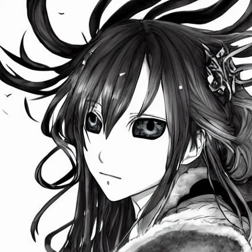 Image similar to Blurred and dreamy illustration of an anime girl with a pirate eye patch, wavy white hair and cracks on her face wearing elden ring armour with the cape fluttering in the wind, Yoshitaka Amano, abstract black and white patterns on the background, noisy film grain effect, highly detailed, Renaissance oil painting, weird portrait angle