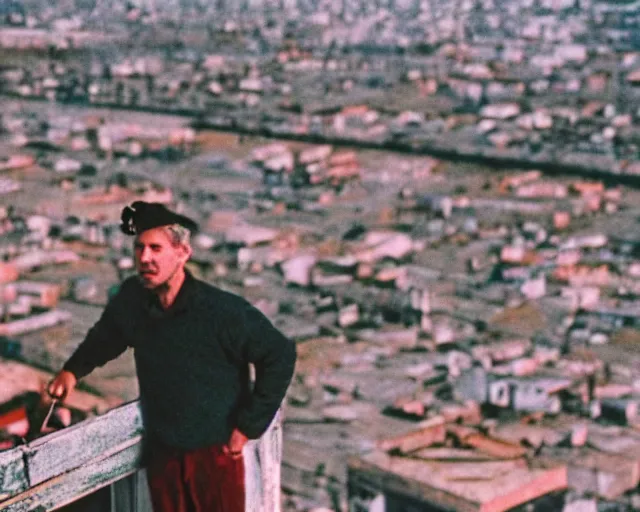 Image similar to lomo photo of man standing on the roof of soviet hrushevka, small town, cinestill, bokeh, out of focus