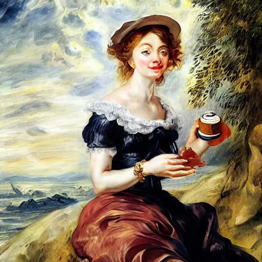 Image similar to heavenly summer sharp land sphere scallop well dressed lady drinking a starbuck latte, auslese, by peter paul rubens and eugene delacroix and karol bak, hyperrealism, digital illustration, fauvist