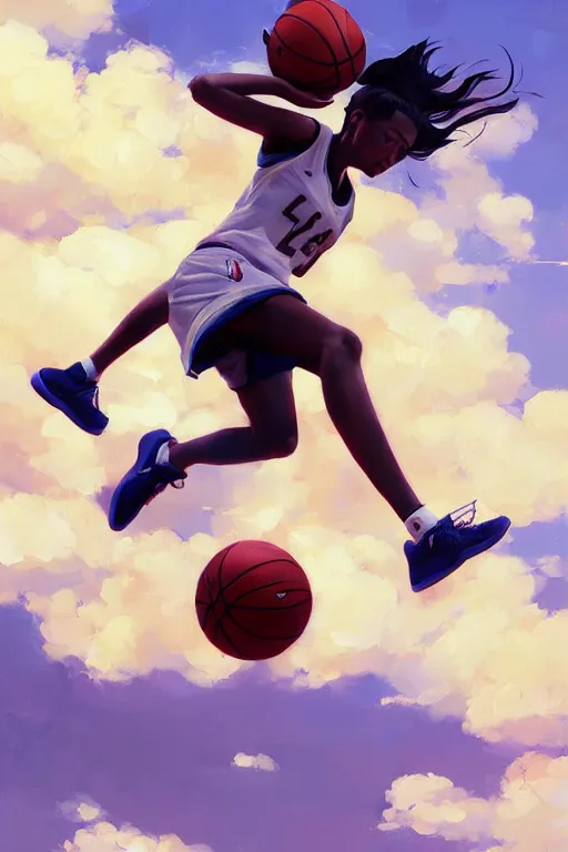 Prompt: A ultradetailed beautiful panting of a girl dunking a basketball, Oil painting, by Ilya Kuvshinov, Greg Rutkowski and Makoto Shinkai