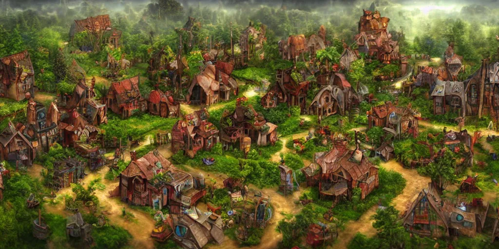 Image similar to Fantasy village, !!built on PC motherboard!!, trees, green plants, broken parts, wooden houses, mold, tiny villagers, !PC hardware!, high quality, trending on artstation, highly detailed
