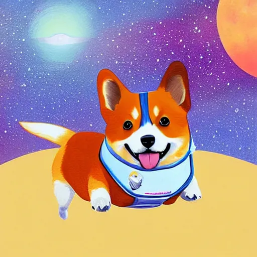Prompt: a detailed portrait of a happy corgi floating in outer space, exquisite digital illustration, beautiful, smooth