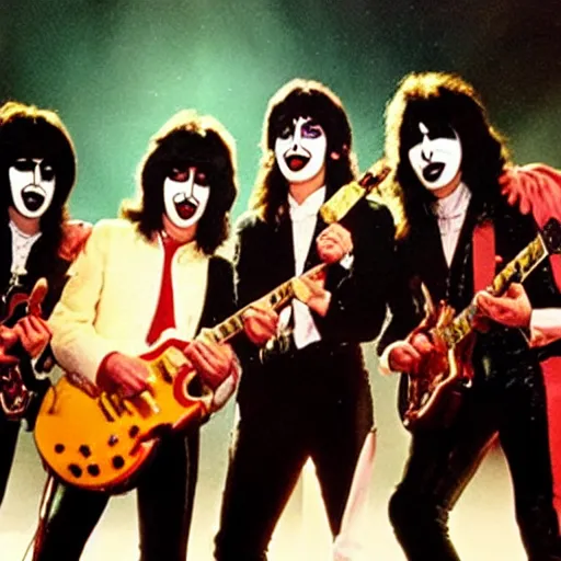 Image similar to the beatles playing together with kiss in a concert