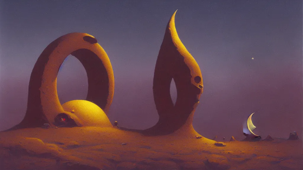 Image similar to mysterious sculpture of an alien crescent moon by paul lehr and john schoenherr, cinematic matte painting