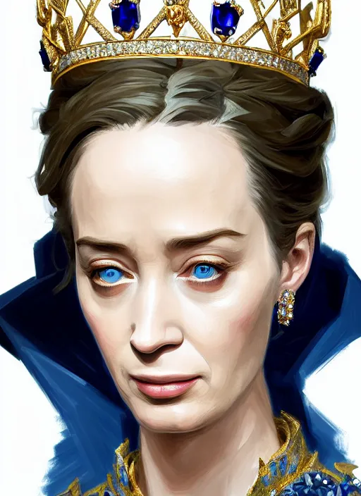 Image similar to portrait of emily blunt as arrogant queen, jewelry, greek, sapphire, victorian age, 1 8 9 0, intricate, headshot, key visual, conceptart, ambient lighting, highly detailed, digital painting, artstation, concept art, sharp focus, by makoto shinkai and akihiko yoshida and greg manchess