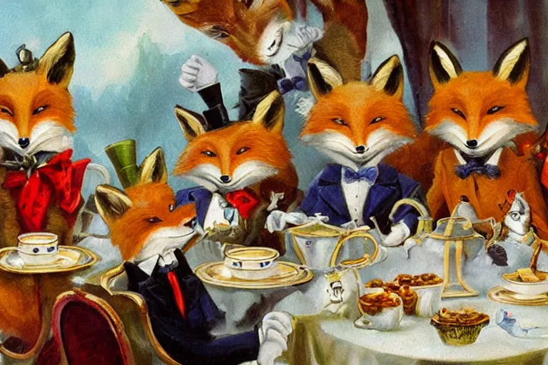 Image similar to anthropomorphic foxes wearing monocles and top hats at a tea party, style of kitsch art painting