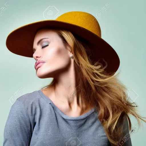 Image similar to portrait of 2 3 - year - old woman with angle lost profile looking away, happy women, cinematic colors, medium yellow blond hair, brown hat, hair comes out of the hat a little, caracter look like angelina jolie