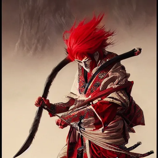 Image similar to an epic portrait of insane kabuki male wielding a spear and doing the nirami covered in a magical mist of insanity, intricate hakama, poofy red wig, eerie, highly detailed, dark fantasy, art by artgerm and greg rutkowski