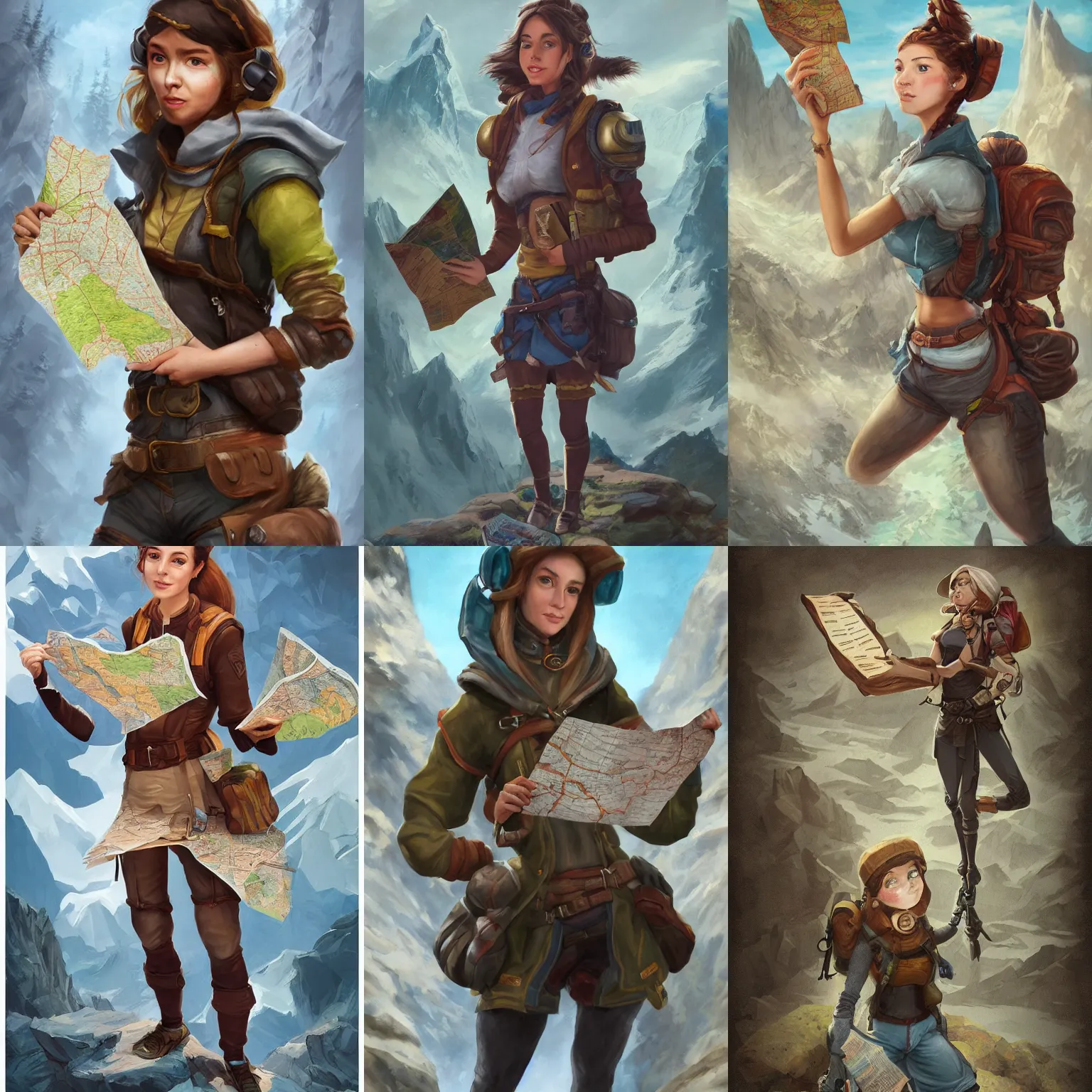 Image similar to A portrait of a female explorer holding a map, full body shot, fantasy, mountainous terrain, action shot, trending on artstation