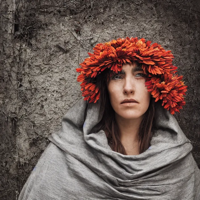Prompt: a closeup portrait of a woman wearing a hooded cloak made of zinnias and barbed wire, in a derelict house, by Erik Almas, natural light, detailed face, CANON Eos C300, ƒ1.8, 35mm, 8K, medium-format print