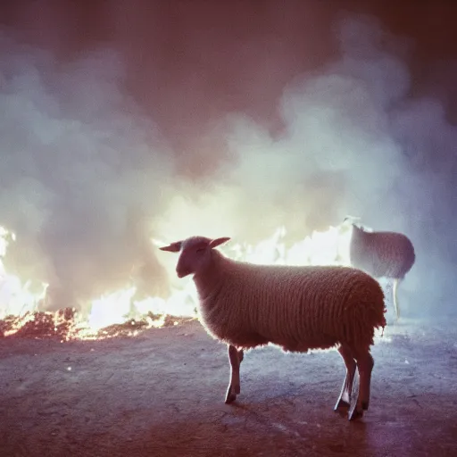 Prompt: sheep in a burning room on fire, cinestill 800t 50mm, photography