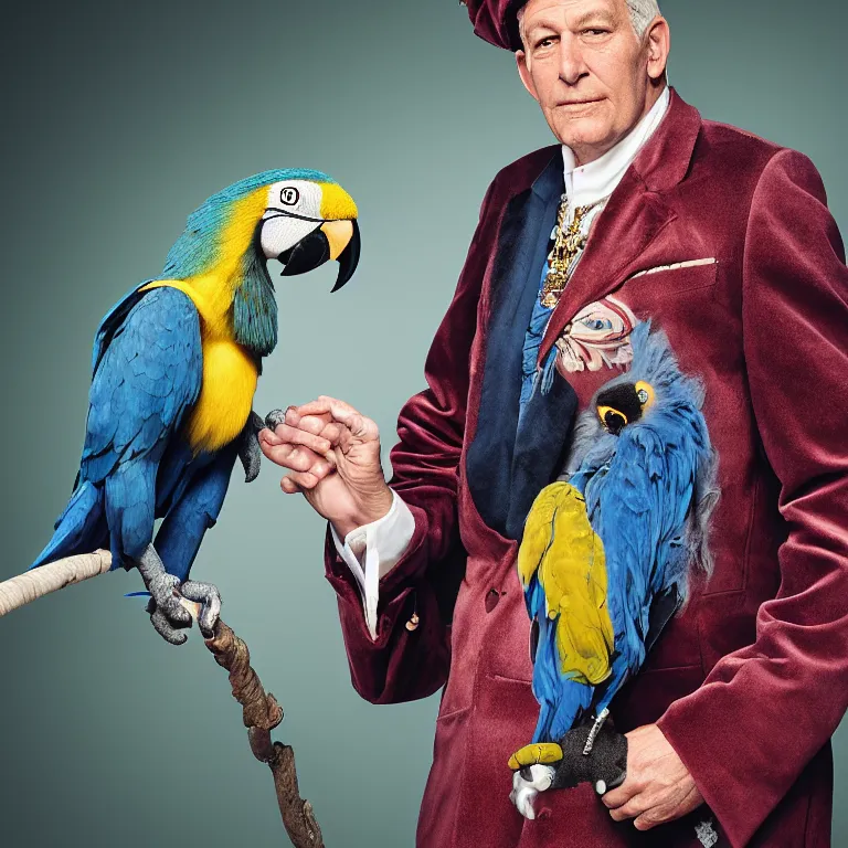 Image similar to high fashion photoshoot octane render portrait by wayne barlow and carlo crivelli and glenn fabry, a distinguished sea captain wearing a colorful eccentric velvet pastel vintage uniform and holding a macaw while standing on a beautiful high - end white and wood yacht, very short depth of field, bokeh