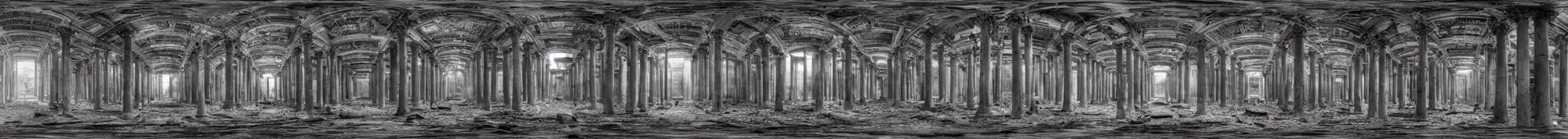 Image similar to photo of an immersive forgotten panopticon well full of eyes, with columns and destroyed cybernetics from an ancient civilization, photorealistic, higly detailed dark, 3 6 0 picture, panorama, 3 5 mm slide, trending on flickr, in the style of francesca woodman, zachary corzine, zhelong xu, greg rutkowski and anders zorn