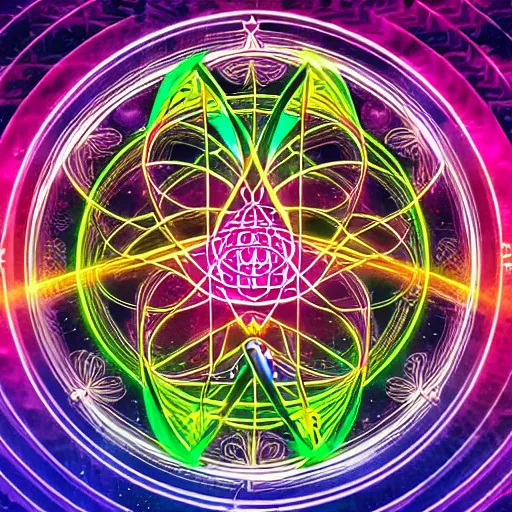 Image similar to mystical psychedelic poster with shaded lighting in the style of andriod jones, radiant light, detailed and complex environment, beautiful, utopic astral city in the sky with many buildings and temples reflecting a modern city on the ground with old growth pine trees, overlaid sacred geometry, flower of life, with implied lines, gradient of hot pink and neon baby blue