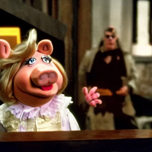 Image similar to movie still of miss piggy starring as trinity in the matrix movie