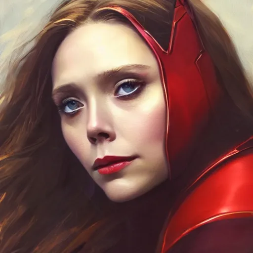 Prompt: ultra realistic portrait painting of elizabeth olsen as scarlet witch, art by frank frazetta, 4 k, ultra realistic, highly detailed, epic lighting.