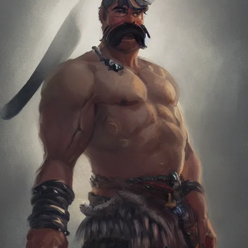 Image similar to portrait old barbarian warrior with trucker mustache and short hair, 8 k, trending on art station, by tooth wu and greg rutkowski