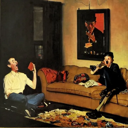 Image similar to a thin man screams at a telephone beside a sofa in a dark living room, painted by norman rockwell and tom lovell and frank schoonover