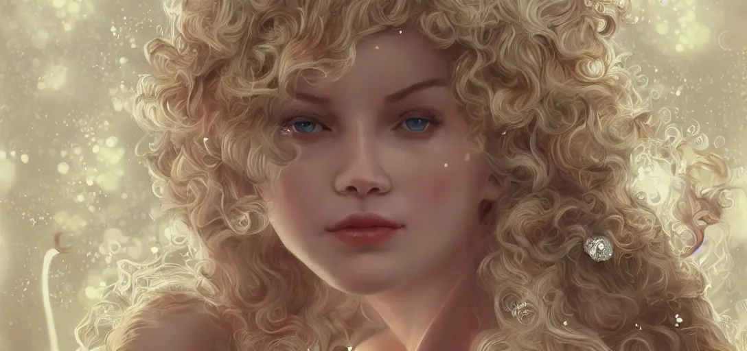 Image similar to beautiful blond, curly, Emma Wardell, perfect face and body, birthday in a magic garden, fairies, monkeys, diamonds, scissor, smooth, sharp focus, illustration, realistic, cinematic, artstation, gold, ornate, award winning, original modern artwork, rgb ethereal lighting, 8k