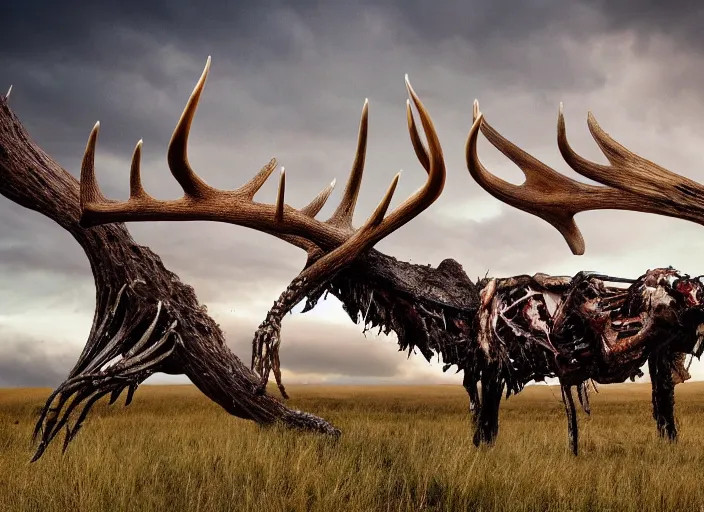 Image similar to photograph of a horrifying nature monster made of animal parts, tree parts, bones, antlers and an extremely long neck, in a meadow, dramatic lighting, full frame photography