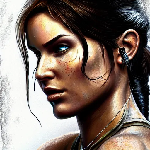 Image similar to lara croft, hyper detailed masterpiece, digital art painting, hyper realism aesthetic