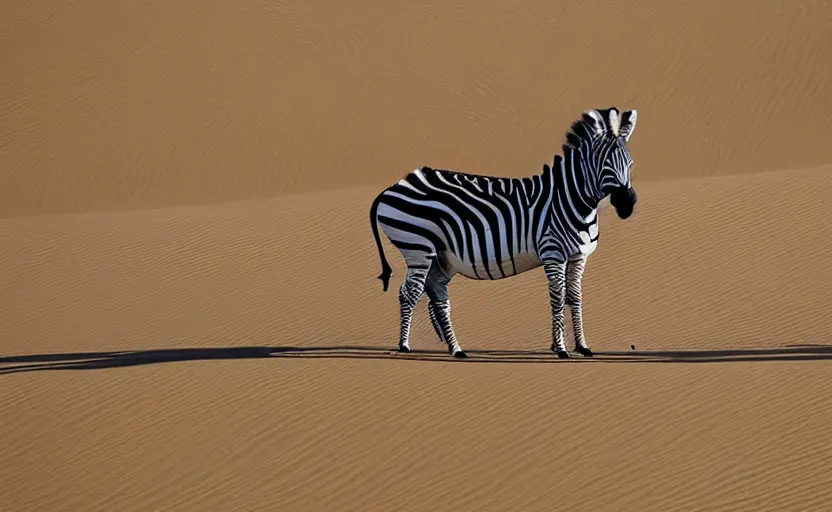 Prompt: a zebra in sand dunes, photography