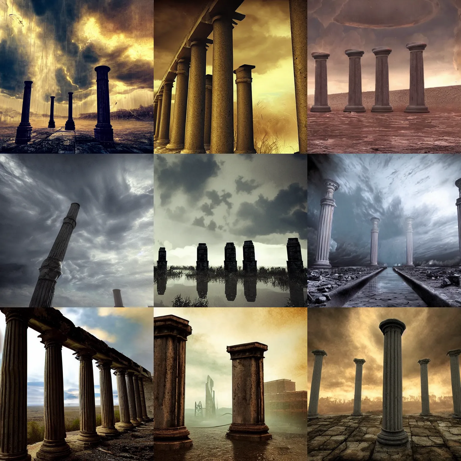 Prompt: old pillars supporting the sky in front huge conflagration and over raging flood, realistic, highly detailed, apocalyptic, epic lighting, epic scale