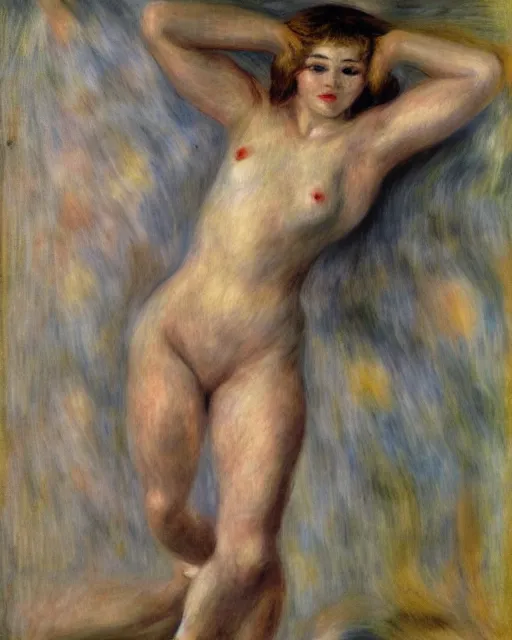 Prompt: draconic humanoid, pudica pose gesture, by renoir, in a white room, ultra - realistic and intricate, hdr 8 k