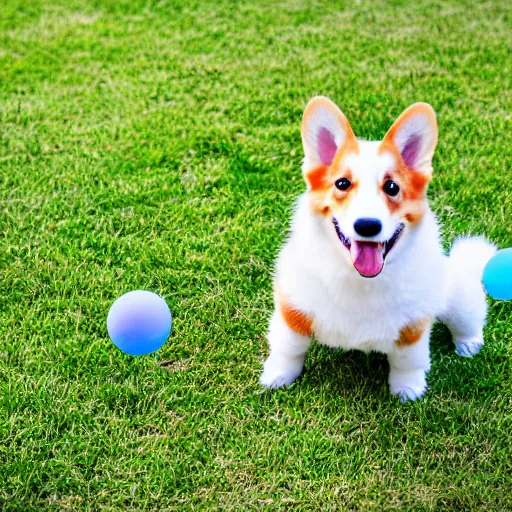 Prompt: 8k highly detailed photograph of the most adorable Corgi Puppies playing with a beach ball on green grass in my backyard, natural sunlight,