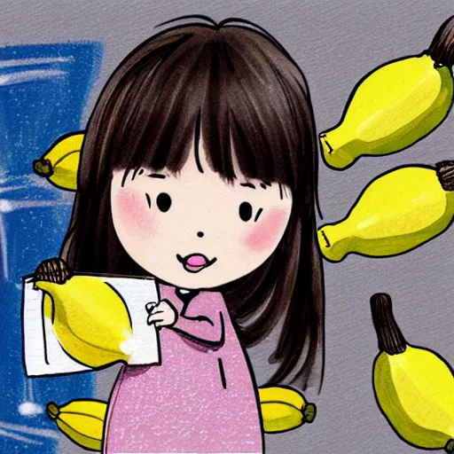 Prompt: cute penial drawing of a slightly chubby 28 year old Korean woman standing in a grocery store next to the bananas