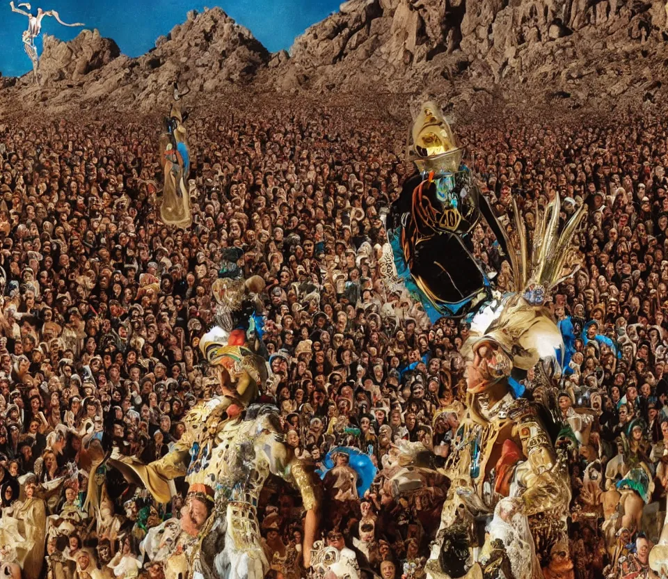 Prompt: salvador dali wearing a crown and costume with jewels in front of a huge crowd in a dry rocky desert landscape, from the movie by alejandro jodorowsky with cinematogrophy of christopher doyle and art direction by hans giger, anamorphic lens, kodakchrome, very detailed photo, 8 k