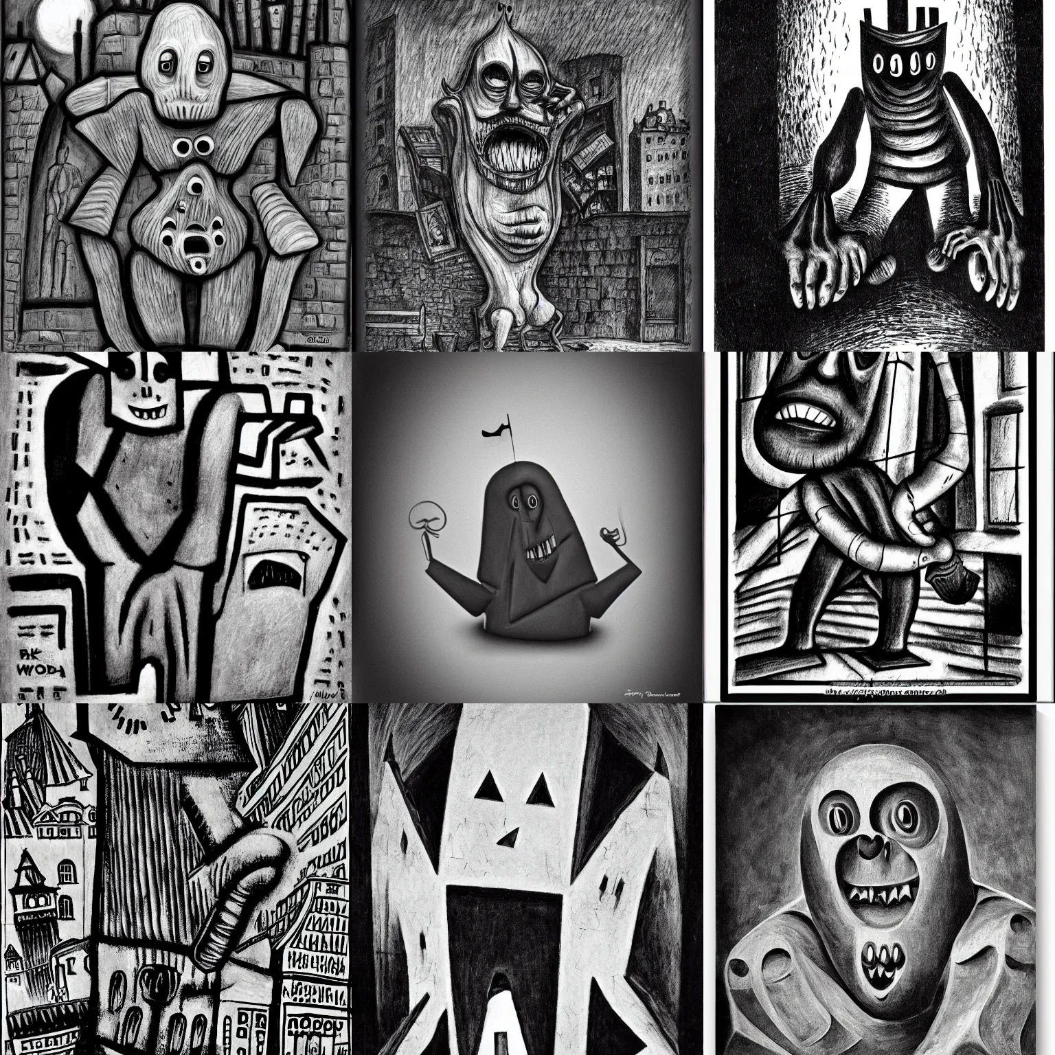 Prompt: black and white dada artwork of the scary golem from prague